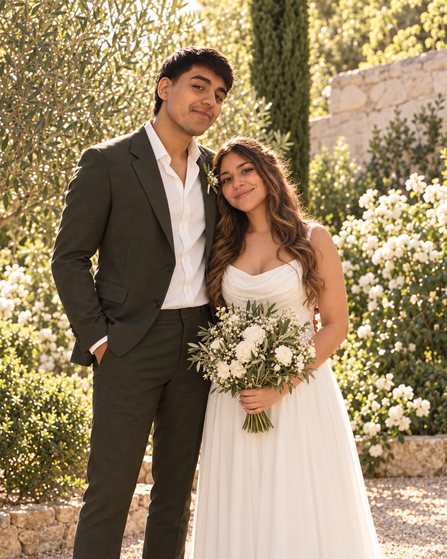 Retrato de tres cuartos de Micaela y Kevin con vestuario de boda en un jardín, creado con IA a partir de sus fotos