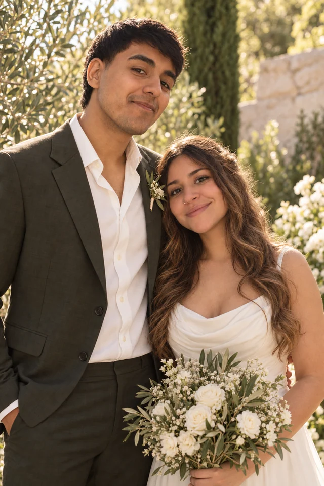 Retrato de Micaela y Kevin en el jardín, sesión creada con IA